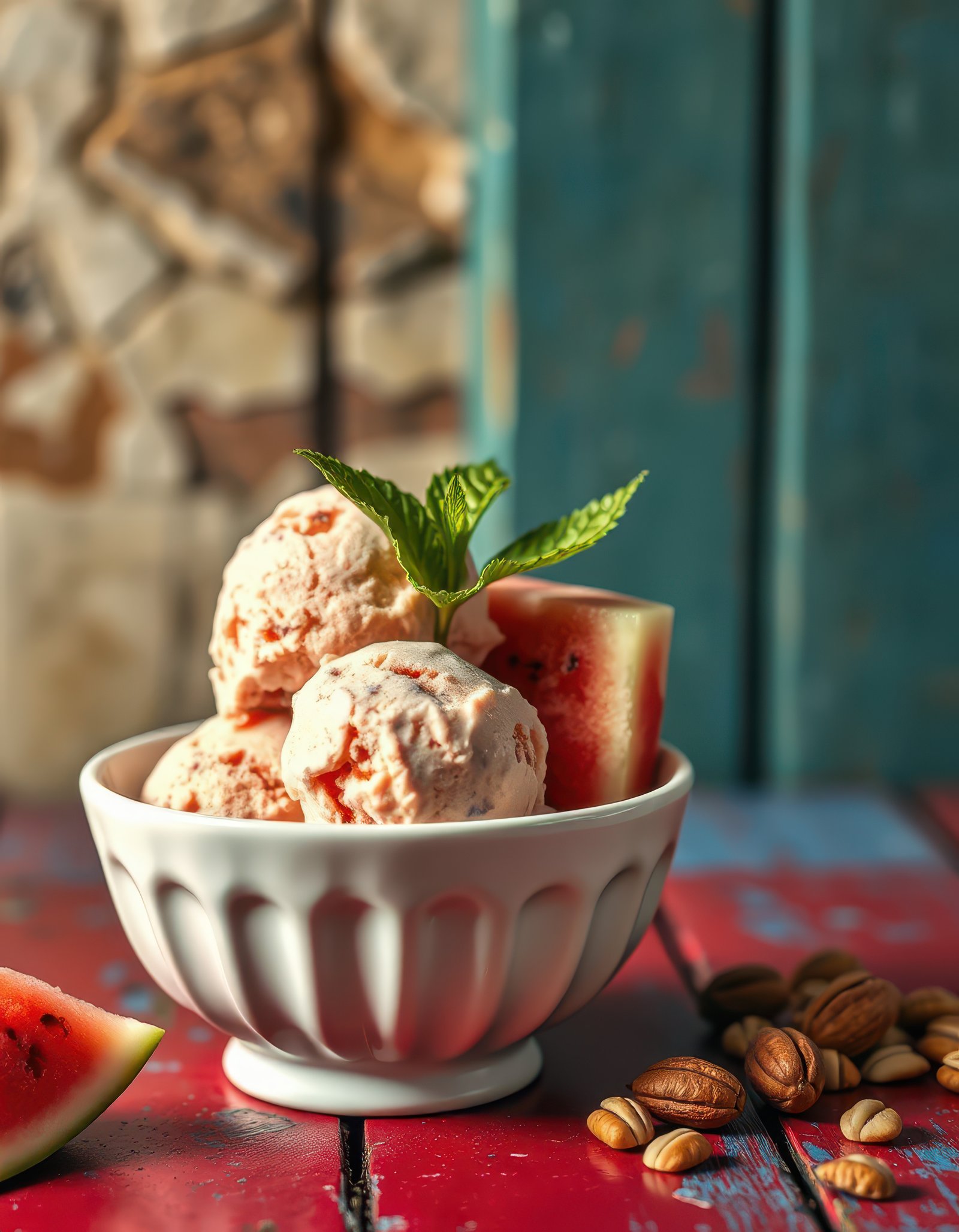 Delicious watermelon ice cream served in a vintage bowl with fresh mint and nuts on a rustic table